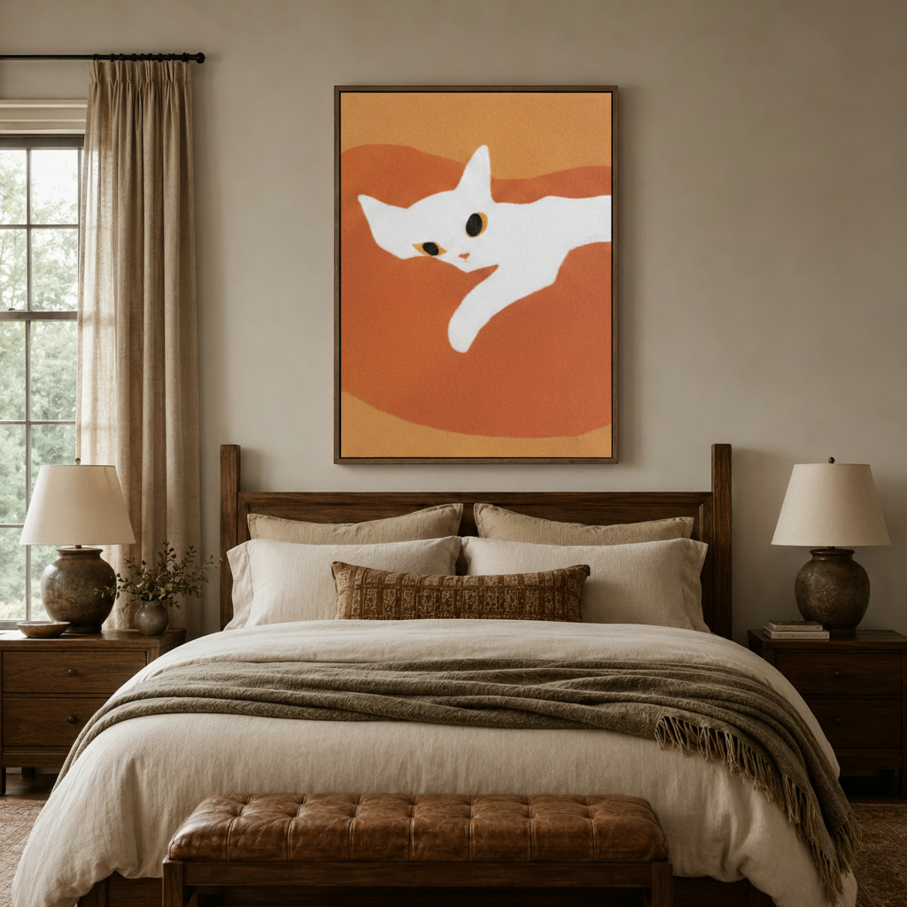 Minimalist cat canvas print centered above bed headboard in cozy neutral bedroom interior