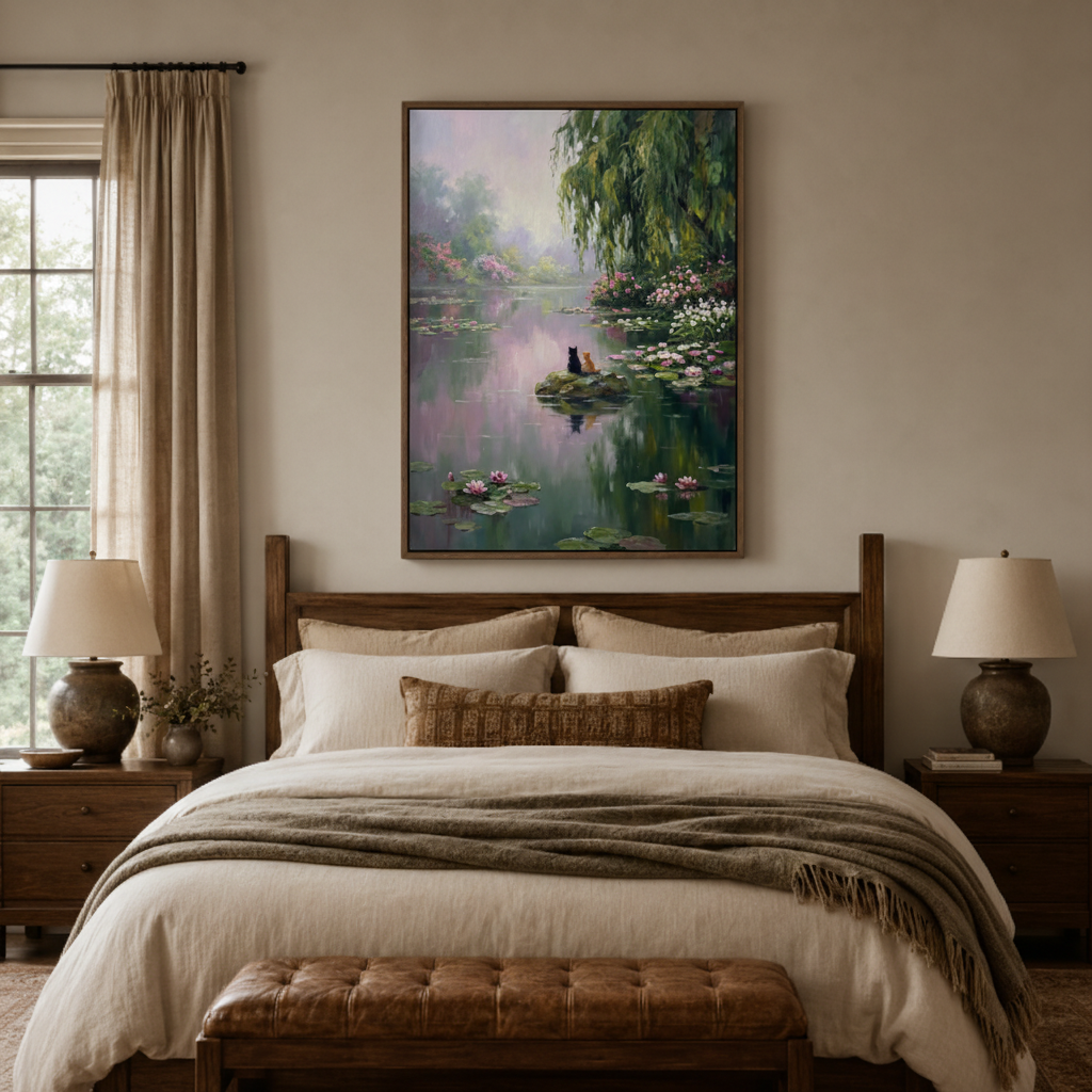 Impressionist lotus lake canvas print in bedroom – Monet-style oil painting with misty boat and lotus blossoms as calming wall decor above bed by Aurewall