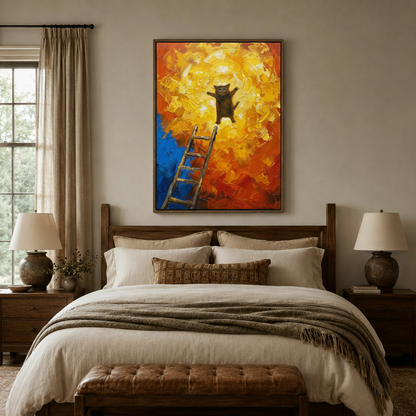 Dramatic orange red cat ladder canvas art above linen bed in cozy warm-toned bedroom
