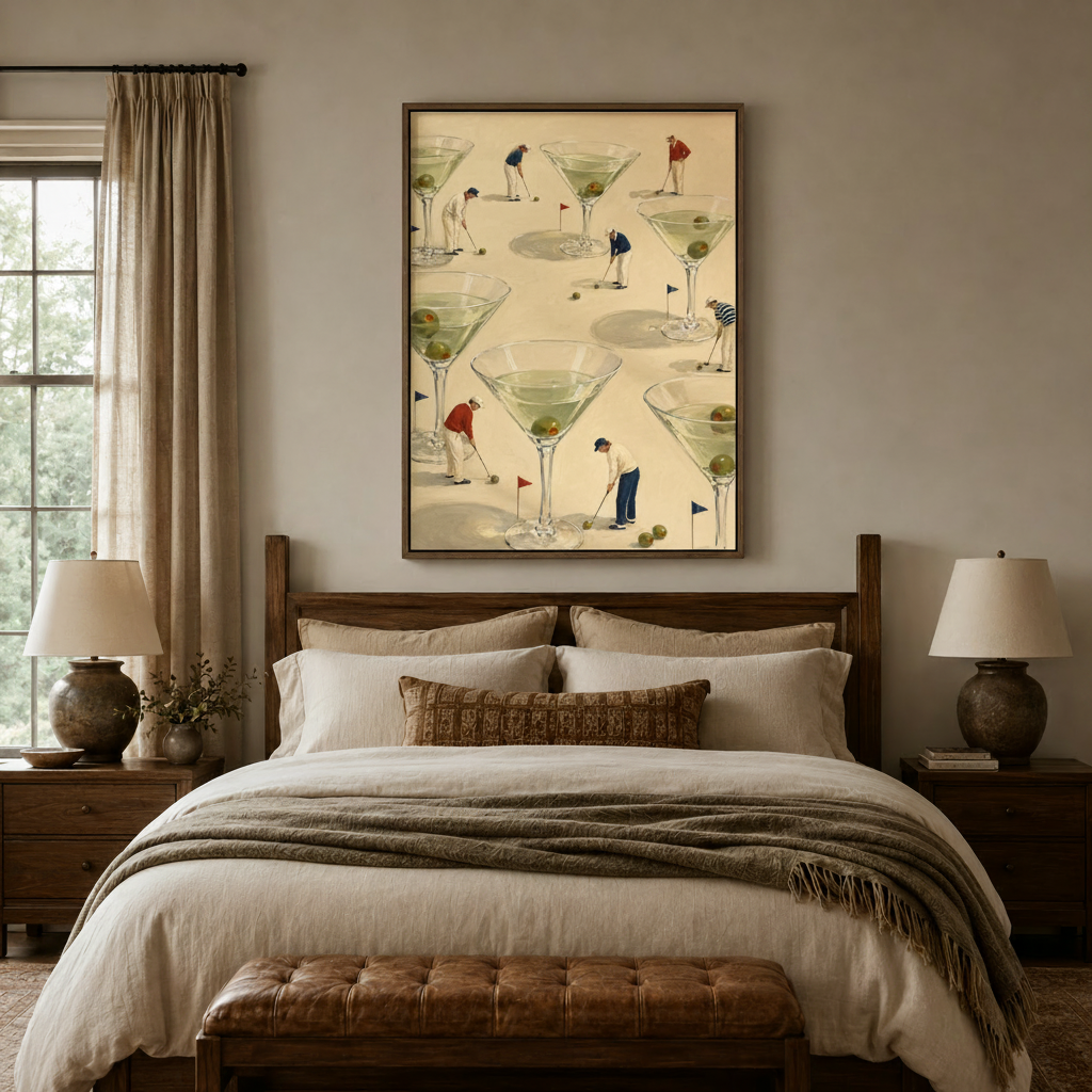 Vintage cocktail golf canvas art above a walnut bed frame in a cozy neutral bedroom