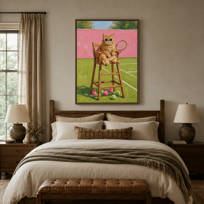 Impasto tennis cat canvas wall art above a dark wood bed frame in a warm neutral bedroom