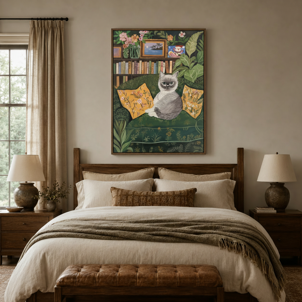 Framed folk art cat canvas print above a walnut bed in a cozy bedroom setting