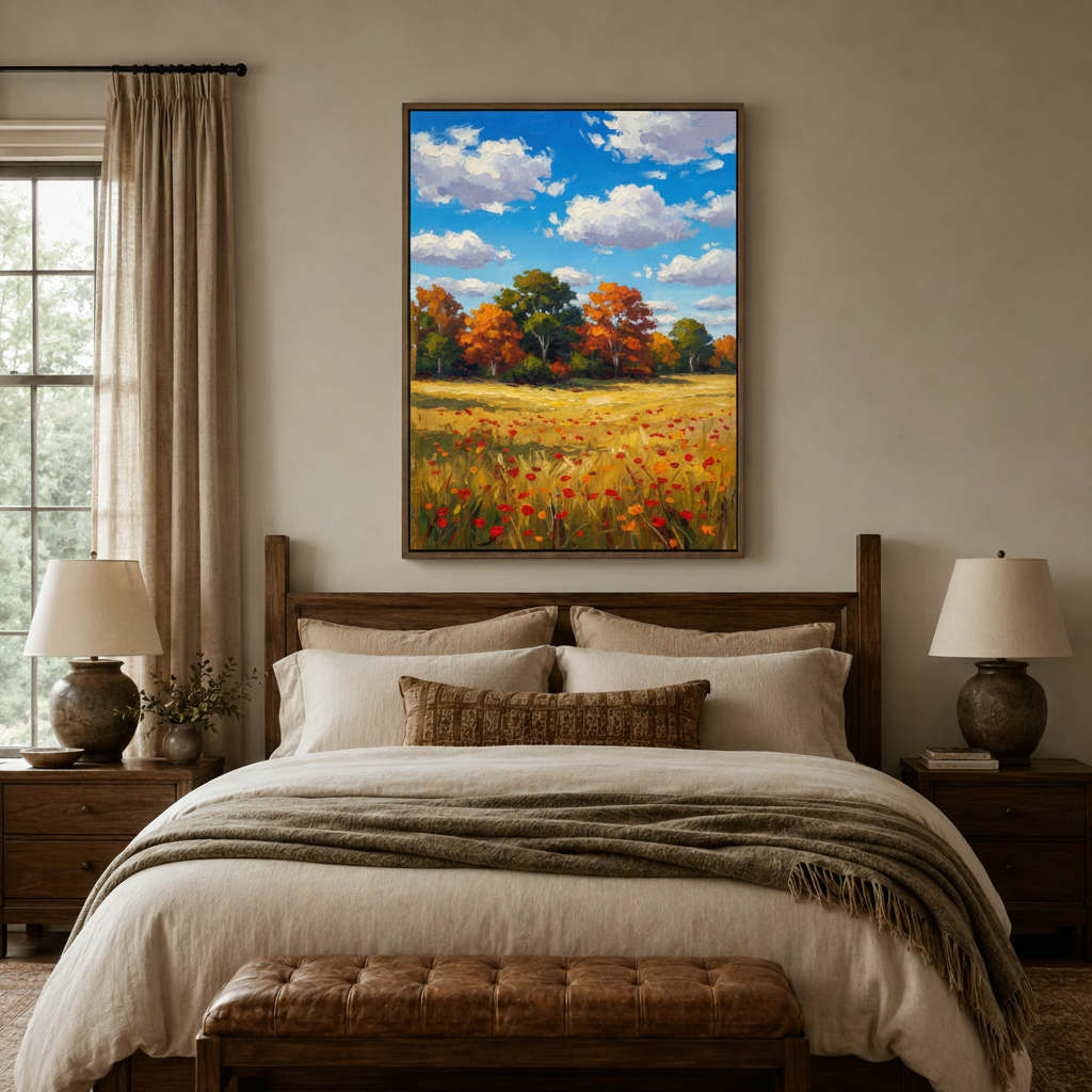 Vibrant autumn poppy field impasto canvas above a dark wood bed in a cozy bedroom setting
