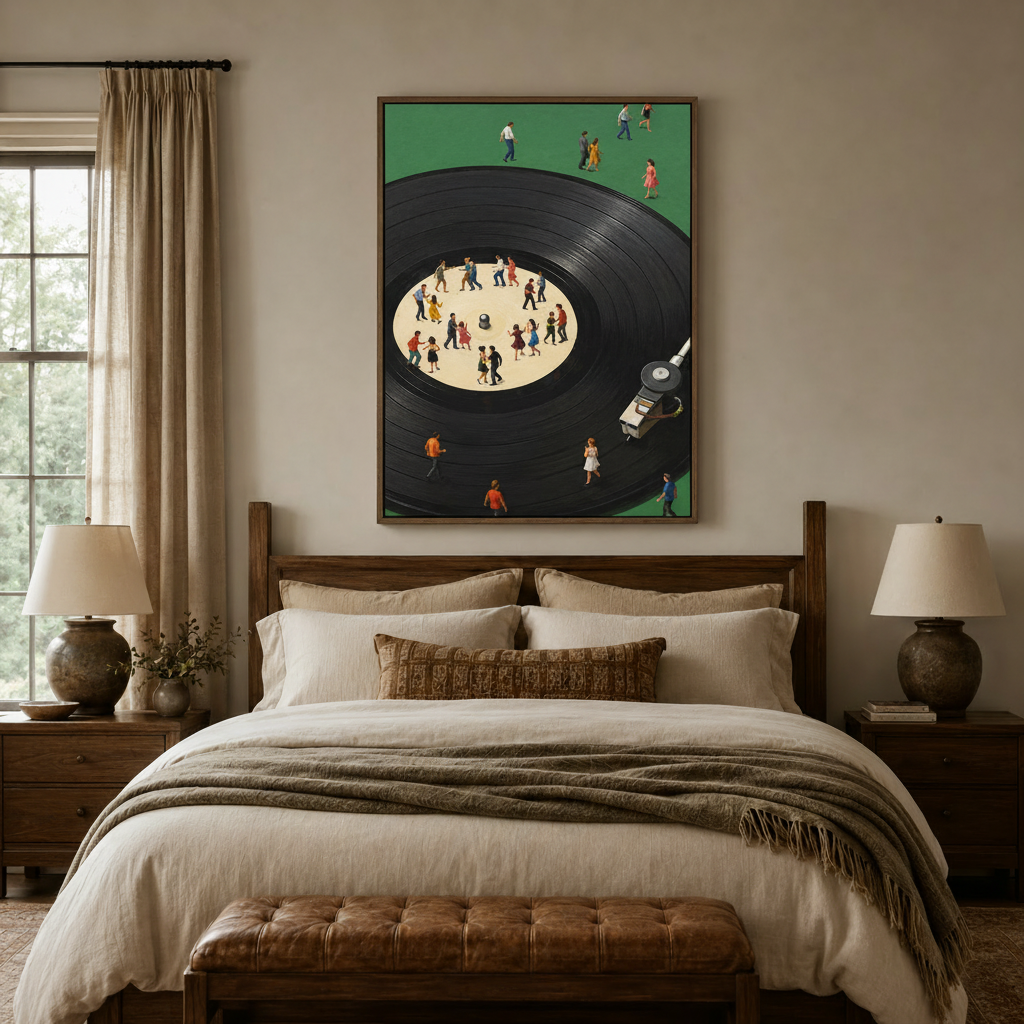 Large surrealist vinyl record canvas above bed in cozy neutral bedroom with warm linen bedding
