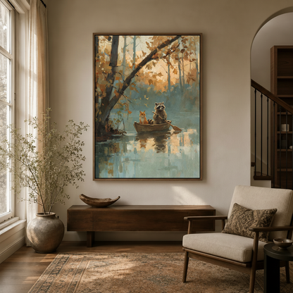 Whimsical woodland wall art with fox and raccoon in rowboat styled in warm neutral living room