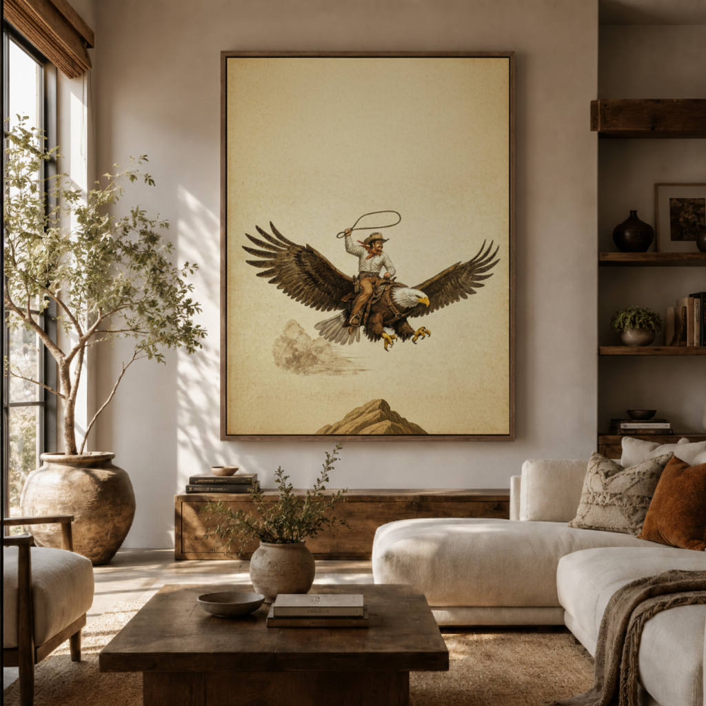 Cowboy riding eagle canvas wall art in living room – vintage western sepia illustration displayed above sofa as bold American statement piece by Aurewall