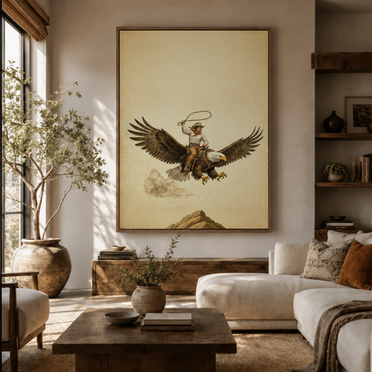 Cowboy riding eagle canvas wall art in living room – vintage western sepia illustration displayed above sofa as bold American statement piece by Aurewall