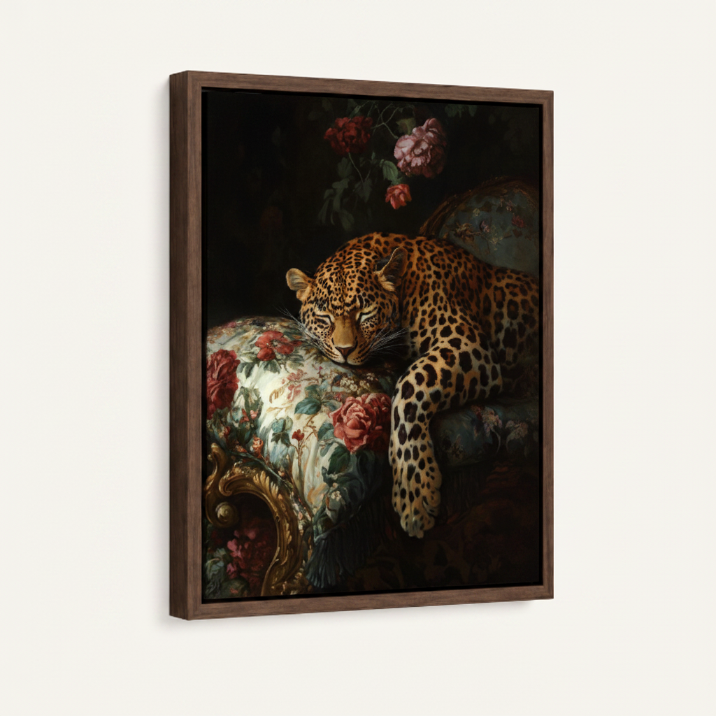 Leopard floral framed canvas wall art – dark baroque oil painting with leopard resting among roses and peonies on black background by Aurewall
