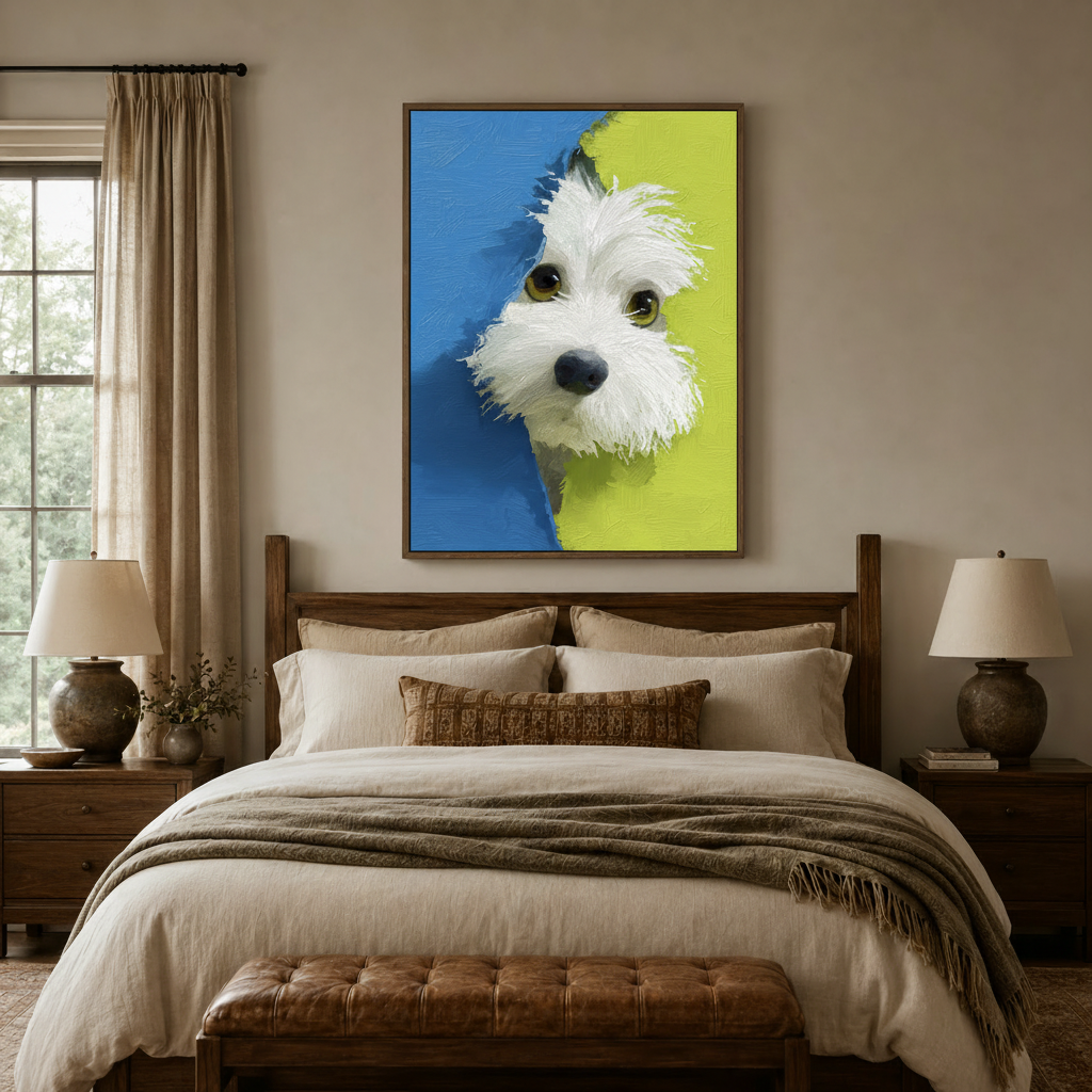 Fluffy white dog impasto oil painting above a bed in a cozy neutral bedroom with linen curtains