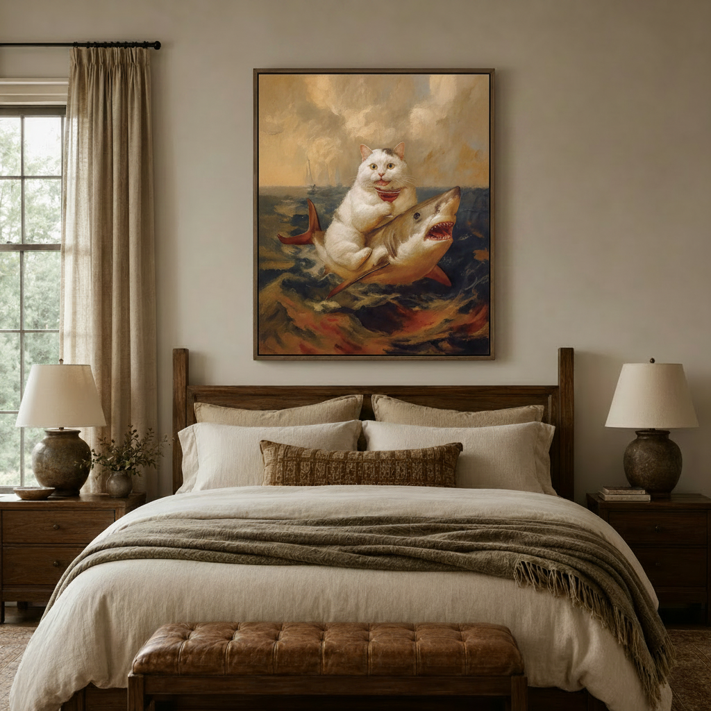 Large framed cat riding shark canvas art hanging above a rustic wood bed in a cozy neutral bedroom