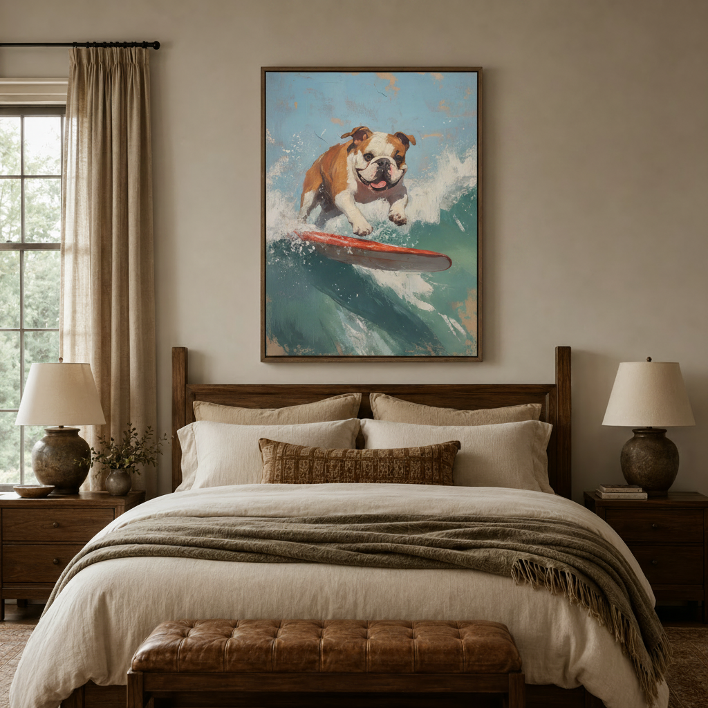 Coastal bulldog canvas art above bed in a warm-toned bedroom with wood nightstands and linen curtains