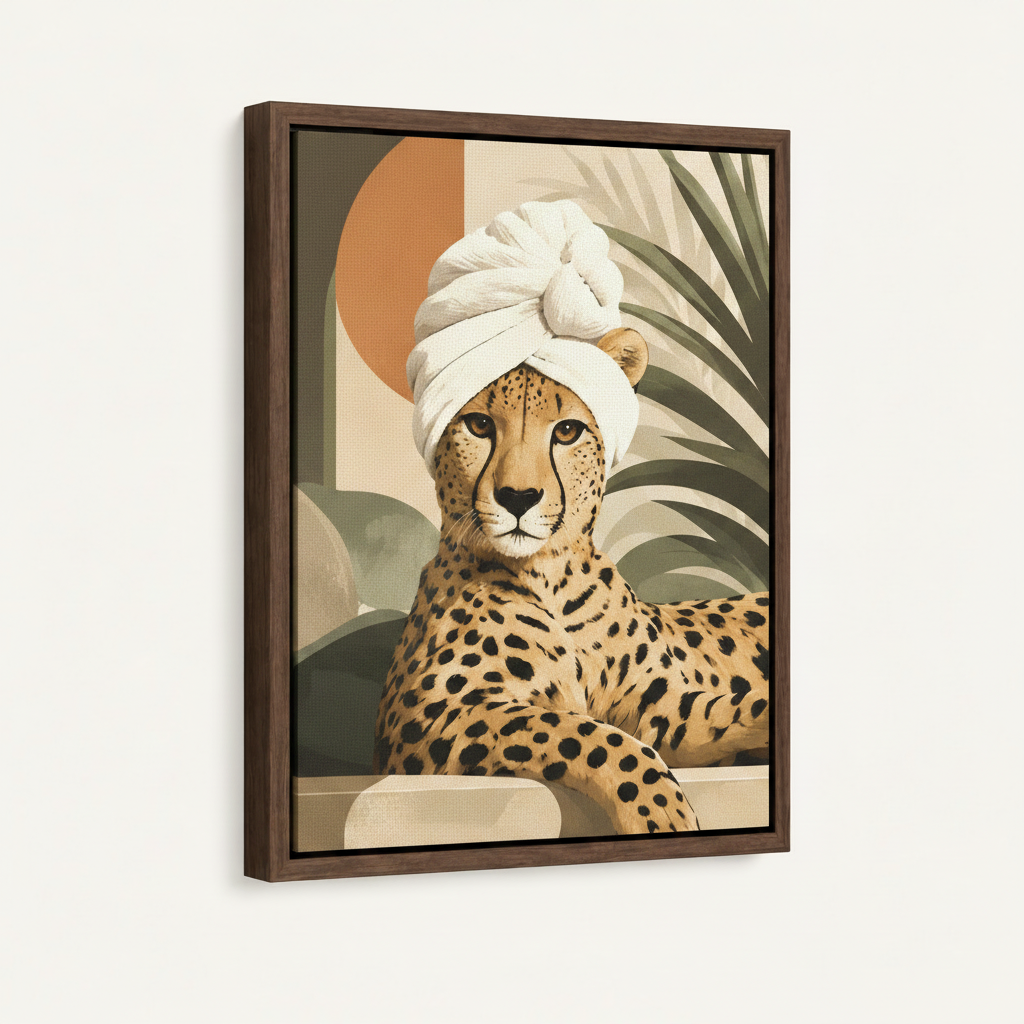 Framed boho animal canvas art above a bed in a cozy neutral bedroom with linen bedding