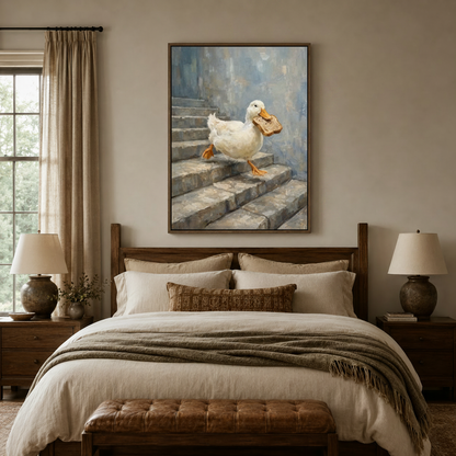Charming duck canvas art in float frame above bed in warm-toned bedroom with wood nightstands