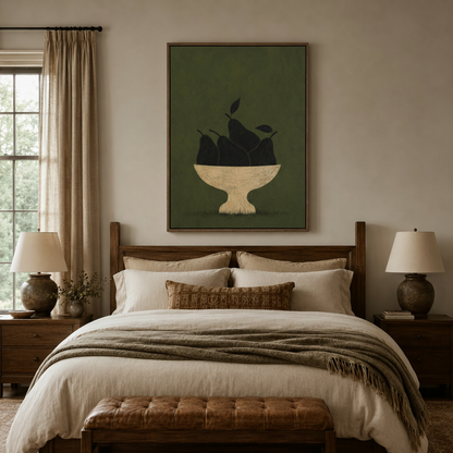 Moody dark pears still life canvas art above bed in cozy neutral bedroom with warm lighting