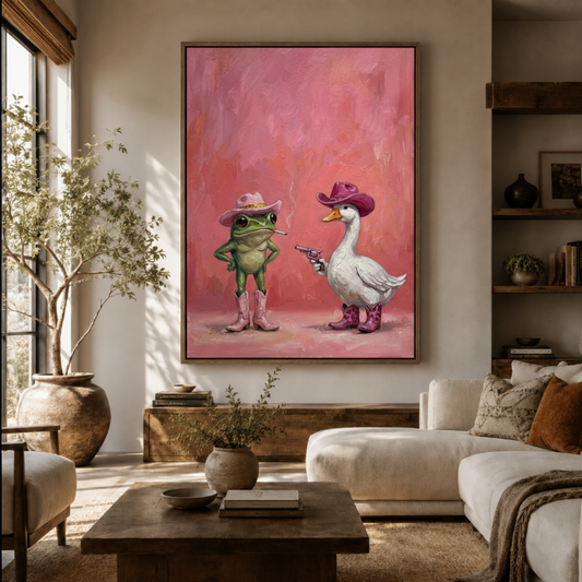 Cowboy frog and duck canvas wall art displayed in living room – funny pink western animal print above sofa, eclectic home decor by Aurewall