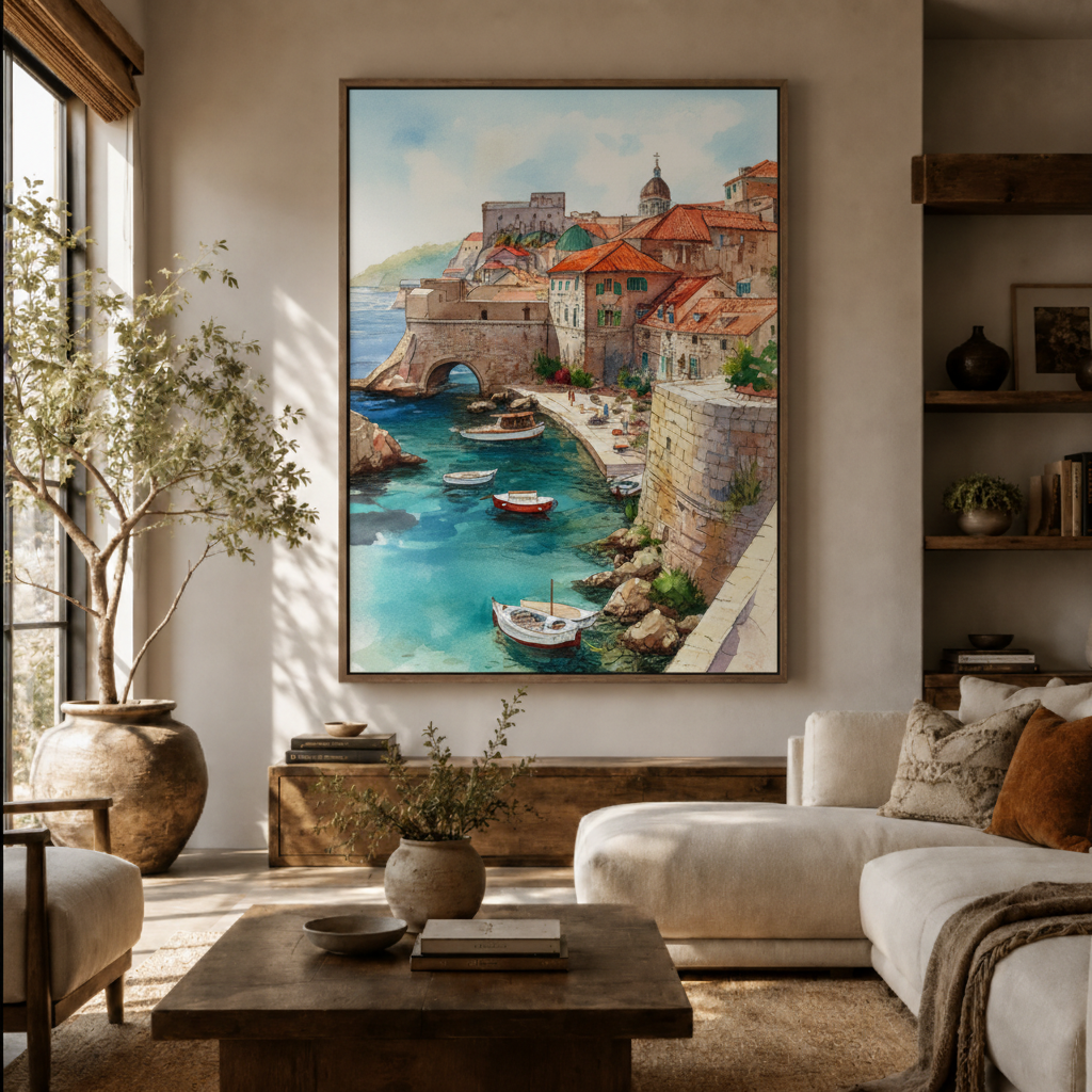 Mediterranean harbor canvas wall art in living room – impressionist oil painting with boats and terracotta village displayed as vibrant statement piece above sofa by Aurewall