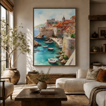 Mediterranean harbor canvas wall art in living room – impressionist oil painting with boats and terracotta village displayed as vibrant statement piece above sofa by Aurewall