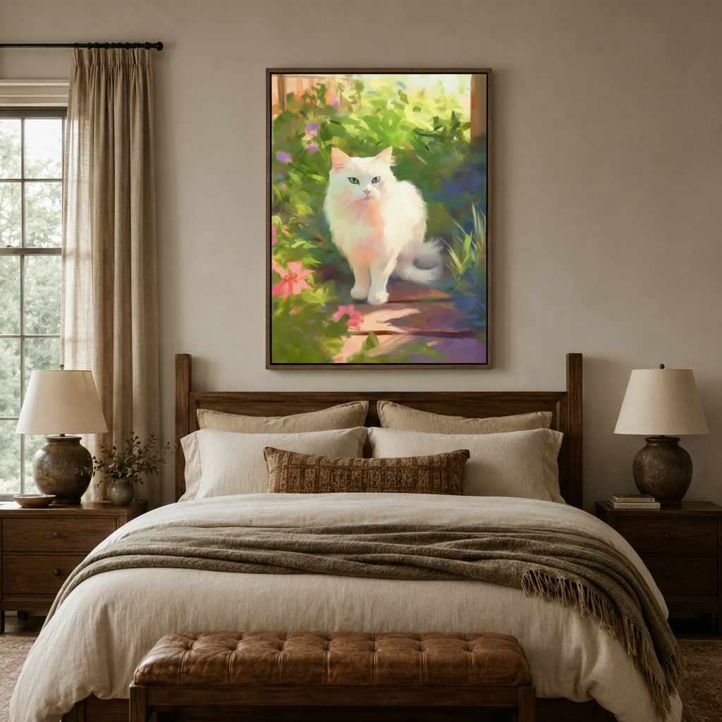 Anime-style white cat garden canvas print in dark walnut float frame above bedroom headboard
