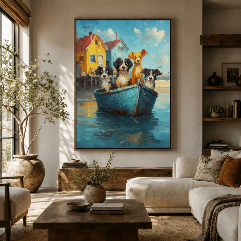 Cute dogs boat canvas print displayed in a warm modern living room above a wooden console