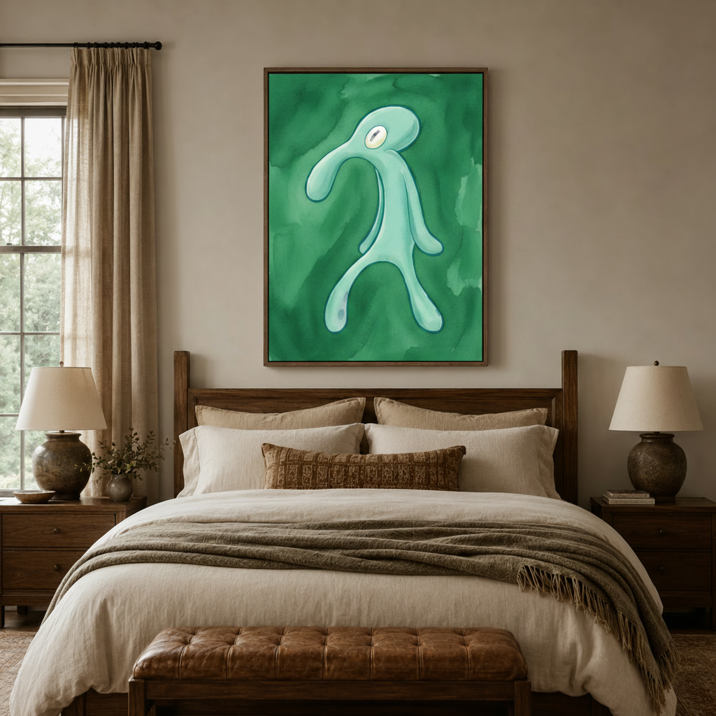 Quirky abstract squid watercolor canvas above dark walnut bed in cozy neutral bedroom