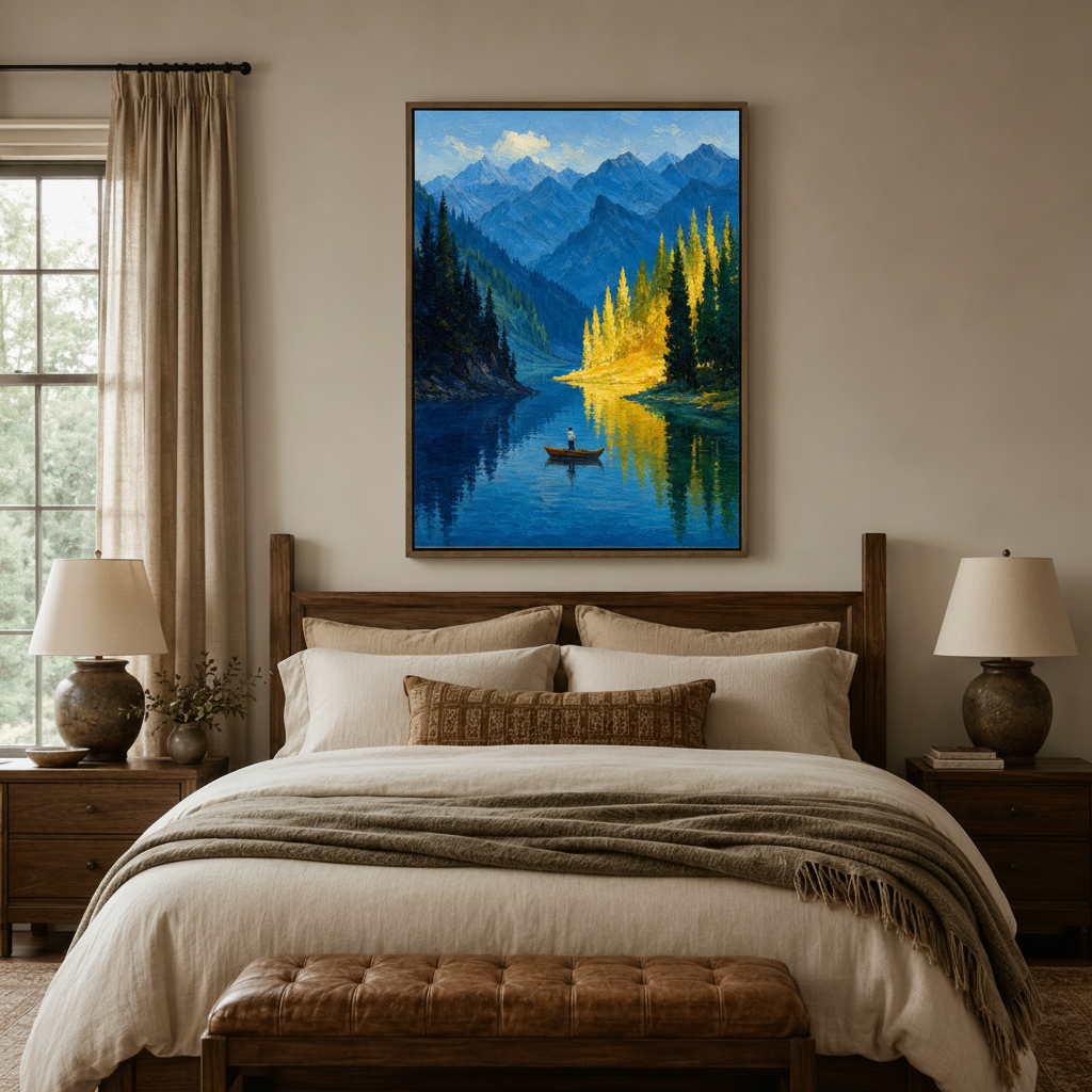 Impressionist canvas of lone figure on mountain lake above wooden bed frame in warm neutral bedroom