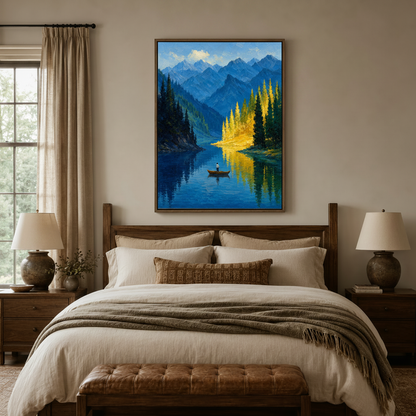 Impressionist canvas of lone figure on mountain lake above wooden bed frame in warm neutral bedroom