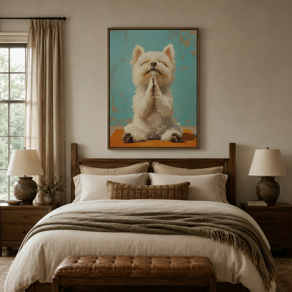 Cute dog yoga wall art above bed in cozy neutral bedroom with linen bedding and warm lighting