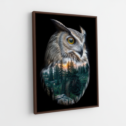 Double exposure owl framed canvas wall art – dark forest pine trees inside owl silhouette, living room decor by Aurewall