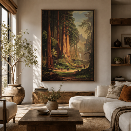 Redwood forest canvas wall art in living room – classic nature oil painting with towering sequoias displayed above sofa by Aurewall