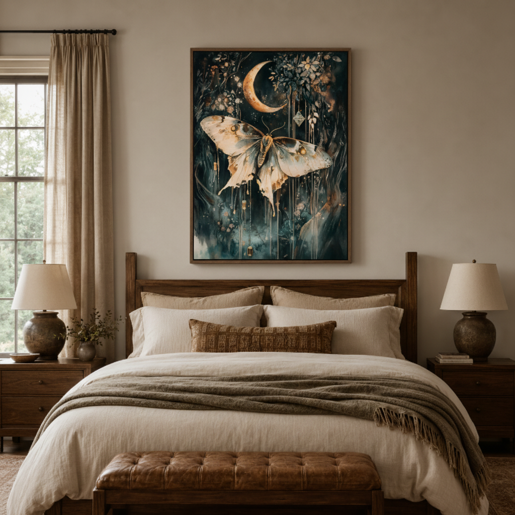 Dark moon luna moth canvas print in bedroom – mystical boho nature wall art above bed, witchy feminine decor by Aurewall