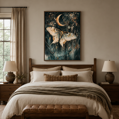 Dark moon luna moth canvas print in bedroom – mystical boho nature wall art above bed, witchy feminine decor by Aurewall