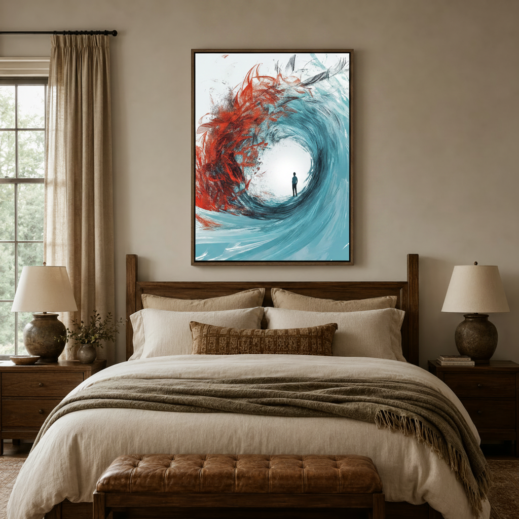 Modern abstract wave canvas wall art above bed in warm neutral bedroom with linen bedding