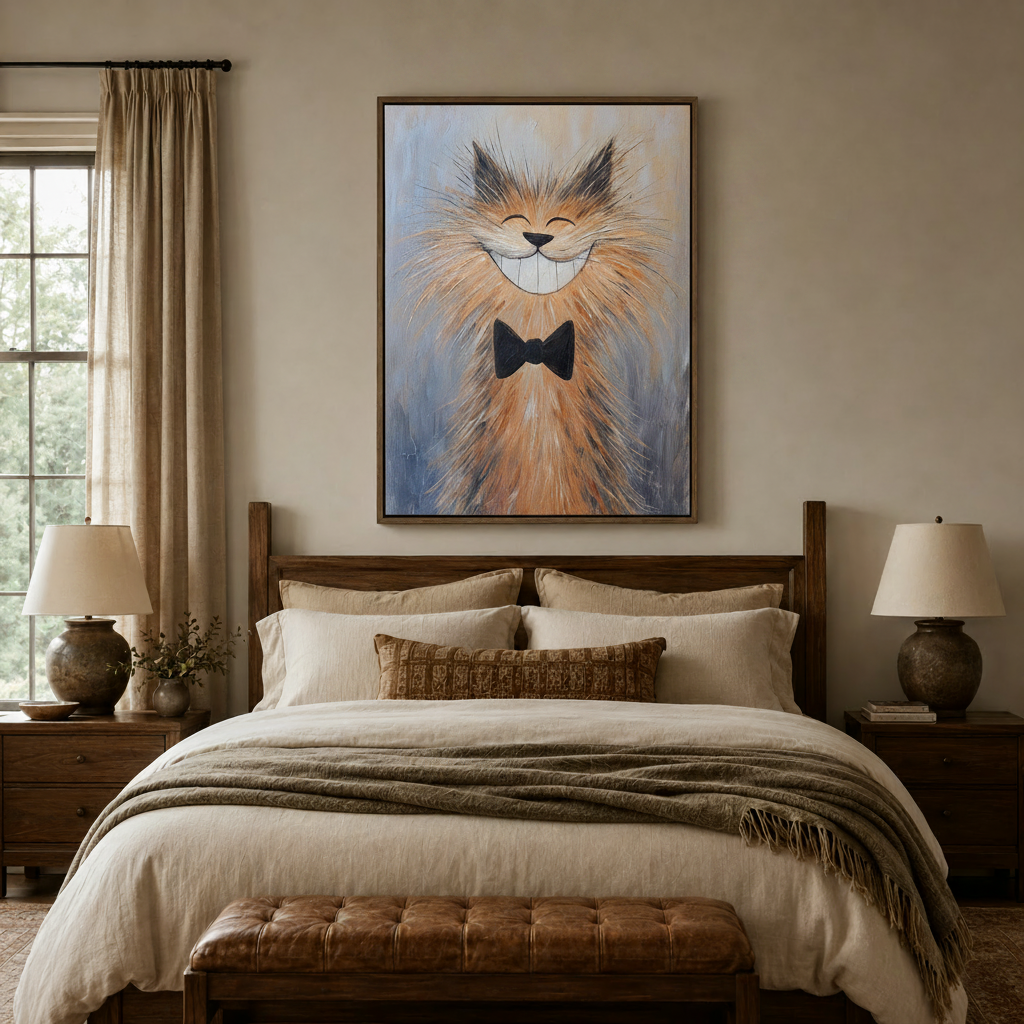 Fluffy smiling cat impasto canvas art above linen bed in cozy warm-toned bedroom