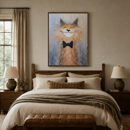 Fluffy smiling cat impasto canvas art above linen bed in cozy warm-toned bedroom