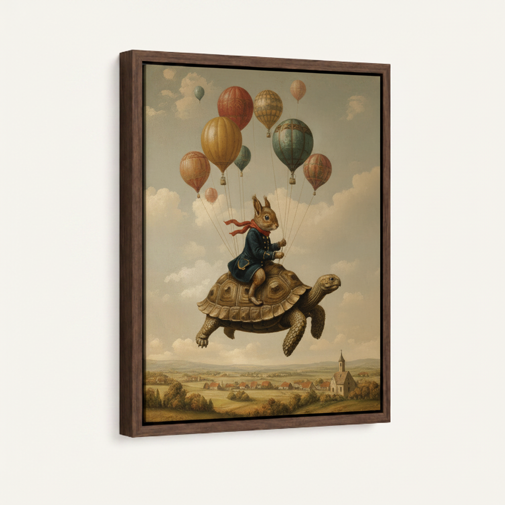 Rabbit riding turtle with colorful balloons framed canvas wall art – whimsical oil painting with animals floating above open landscape by Aurewall