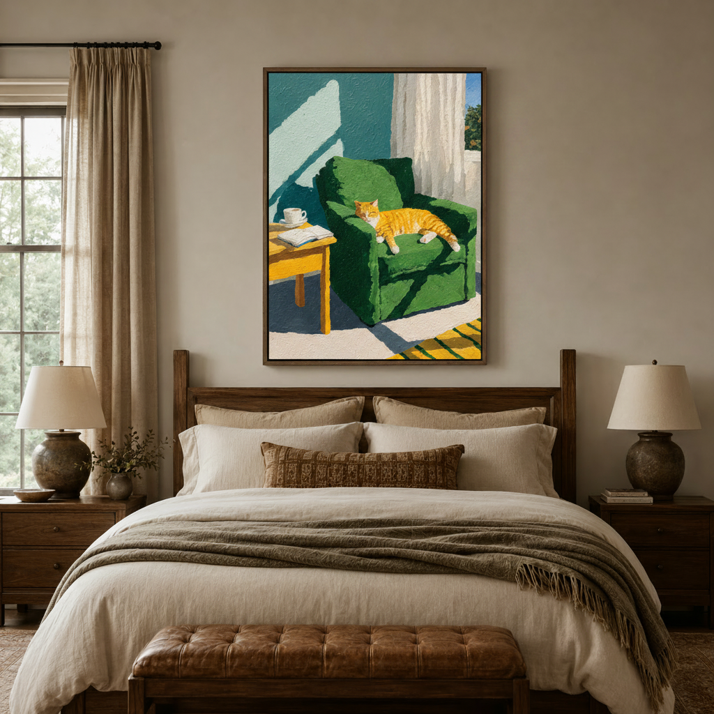Vibrant oil painting print of orange cat on green chair hanging above bedroom headboard