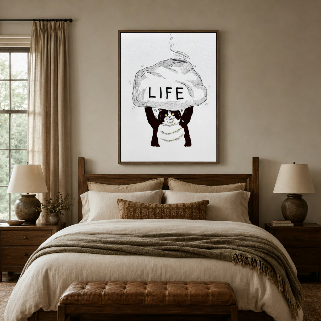 Humorous cat lifting LIFE rock sketch art above a neutral bedroom bed