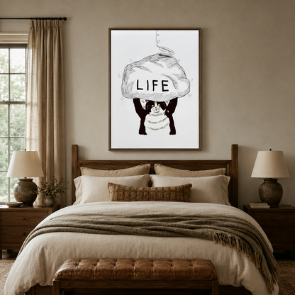Humorous cat lifting LIFE rock sketch art above a neutral bedroom bed