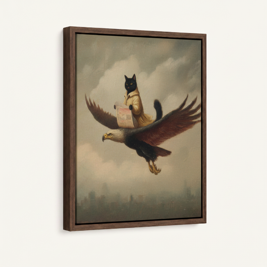 Squirrel riding eagle framed canvas wall art – surreal classical oil painting with squirrel perched on soaring eagle above clouds by Aurewall