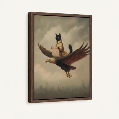 Squirrel riding eagle framed canvas wall art – surreal classical oil painting with squirrel perched on soaring eagle above clouds by Aurewall