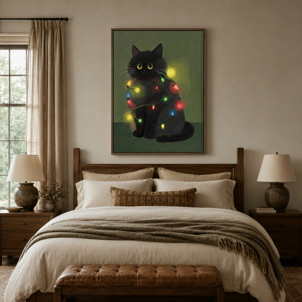 Black cat string lights canvas art above a dark wood bed frame in a warm beige bedroom with linen bedding