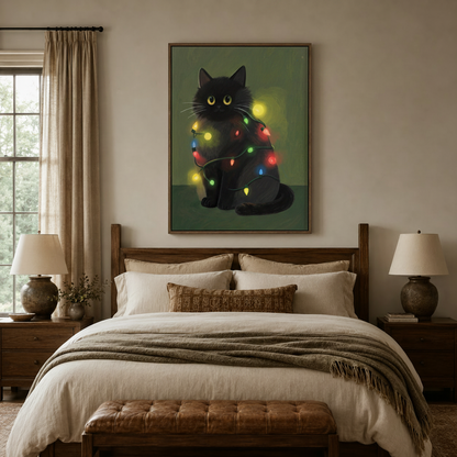 Black cat string lights canvas art above a dark wood bed frame in a warm beige bedroom with linen bedding