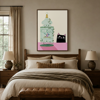 Playful cat wall art in flat illustration style above a walnut bed headboard in a warm bedroom
