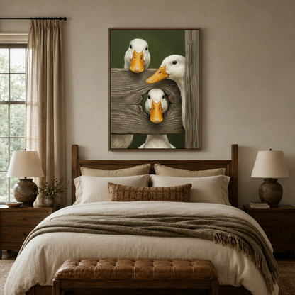 Realistic funny duck canvas art above a walnut bed headboard in a cozy neutral bedroom