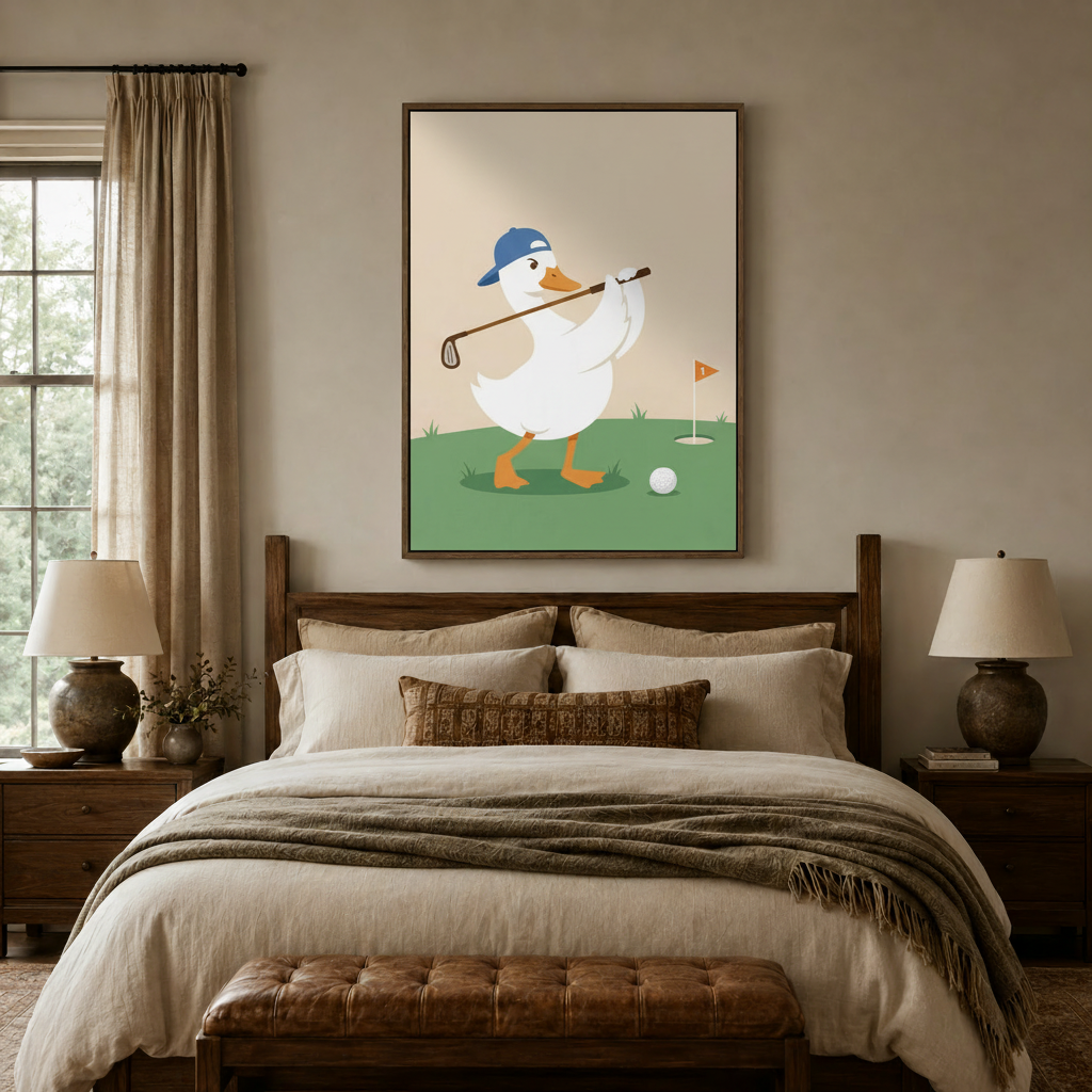 Whimsical golf duck wall art with soft warm tones displayed above a rustic wooden bed in a cozy bedroom
