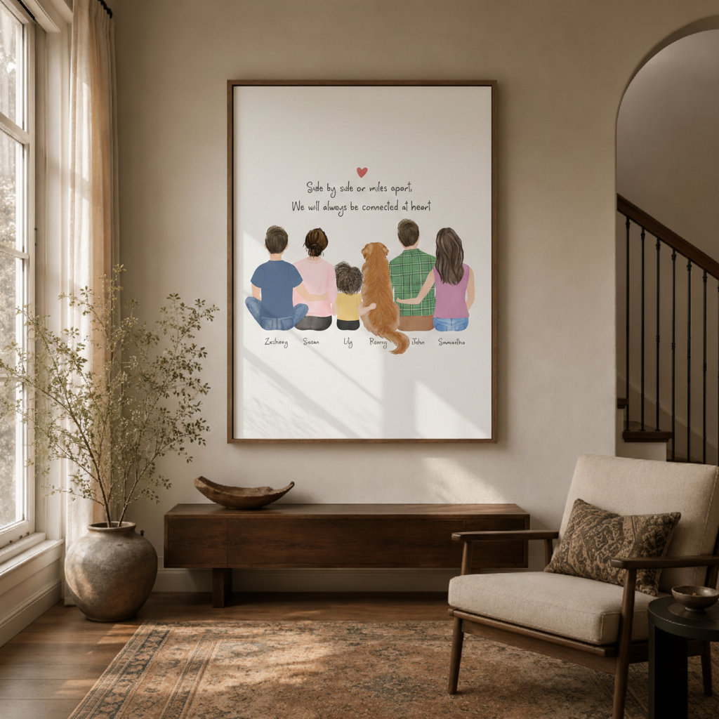 Minimalist family canvas print – warm line art of family bonding scene with inspirational quote, meaningful home decor