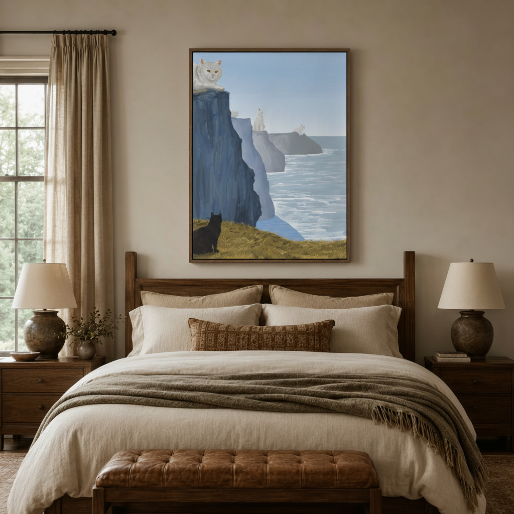 Modern flat cat illustration framed canvas above wooden bed in cozy neutral bedroom