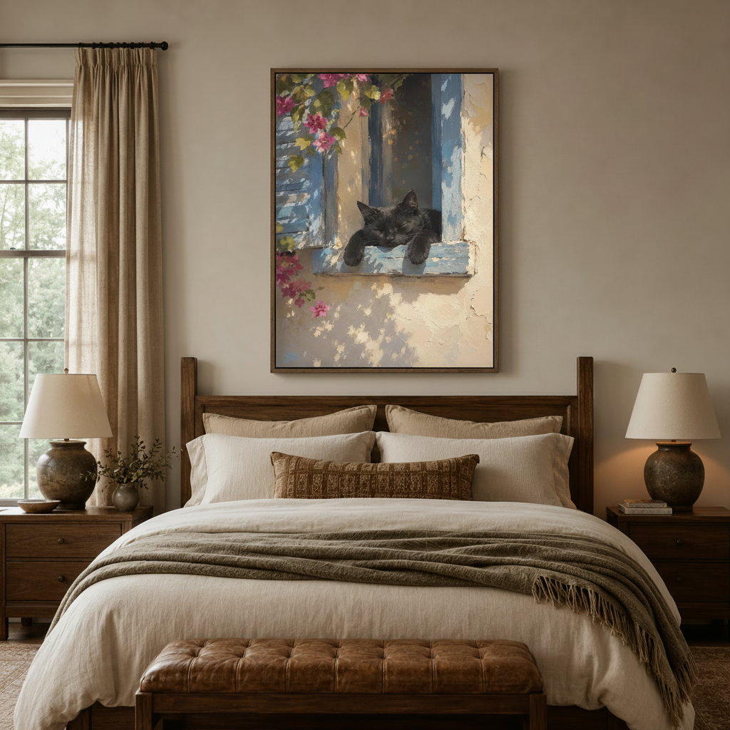 Black cat Mediterranean window canvas wall art centered above bed in a cozy neutral bedroom