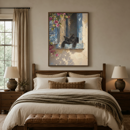 Black cat Mediterranean window canvas wall art centered above bed in a cozy neutral bedroom