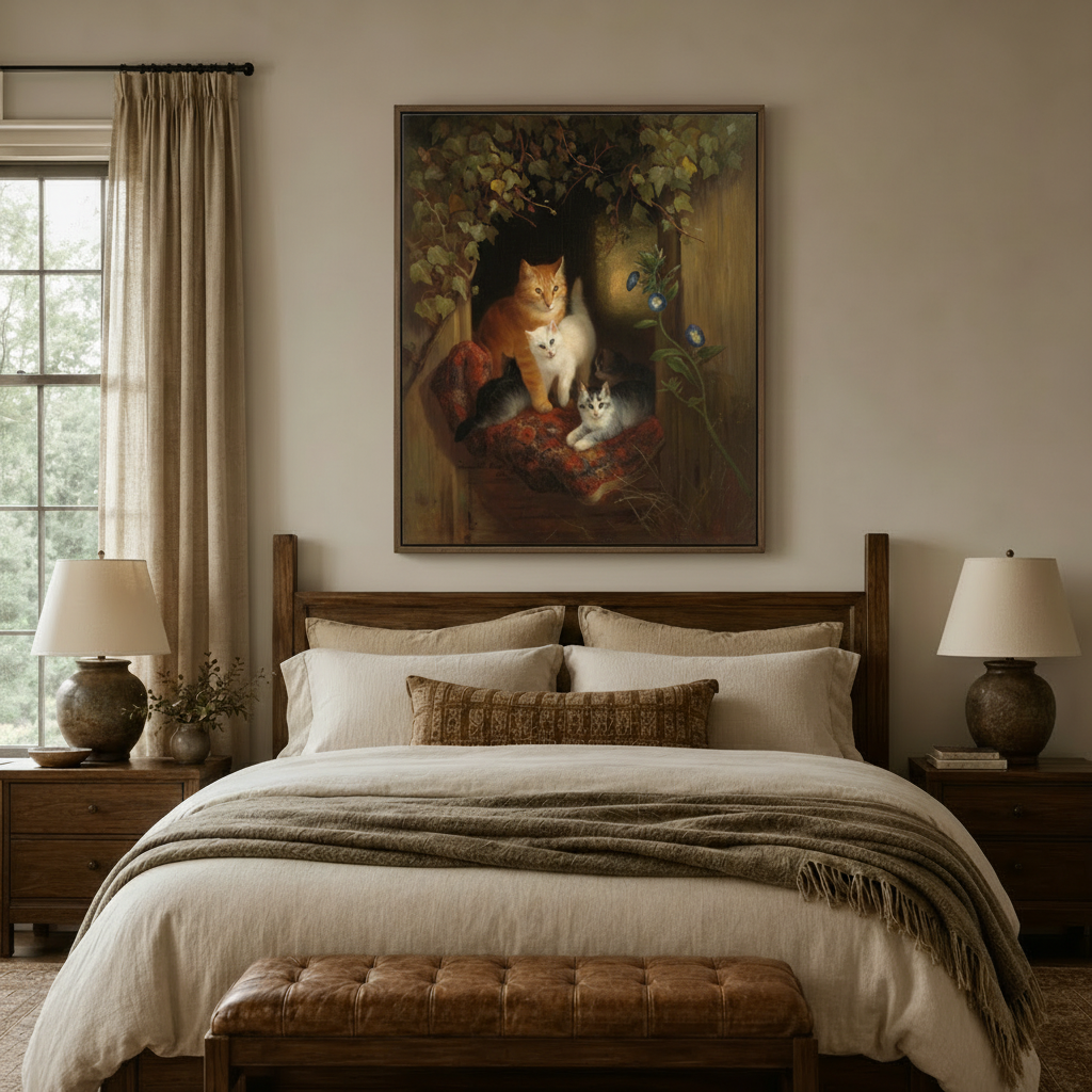 Victorian cat family oil painting canvas above bed – cozy warm-toned bedroom wall art by Aurewall